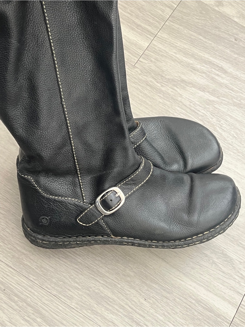 Born Black Leather Mid-Calf Heeled Zip Boots with Buckle Accent - Picture 4 of 10